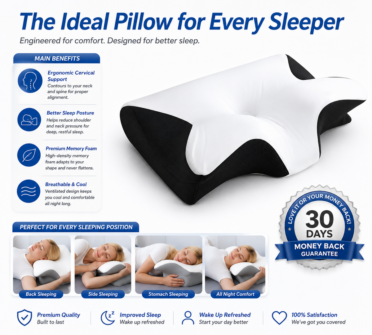 Memory Foam Cervical Pillow – Black | Ergonomic Neck Support for Side & Back Sleepers